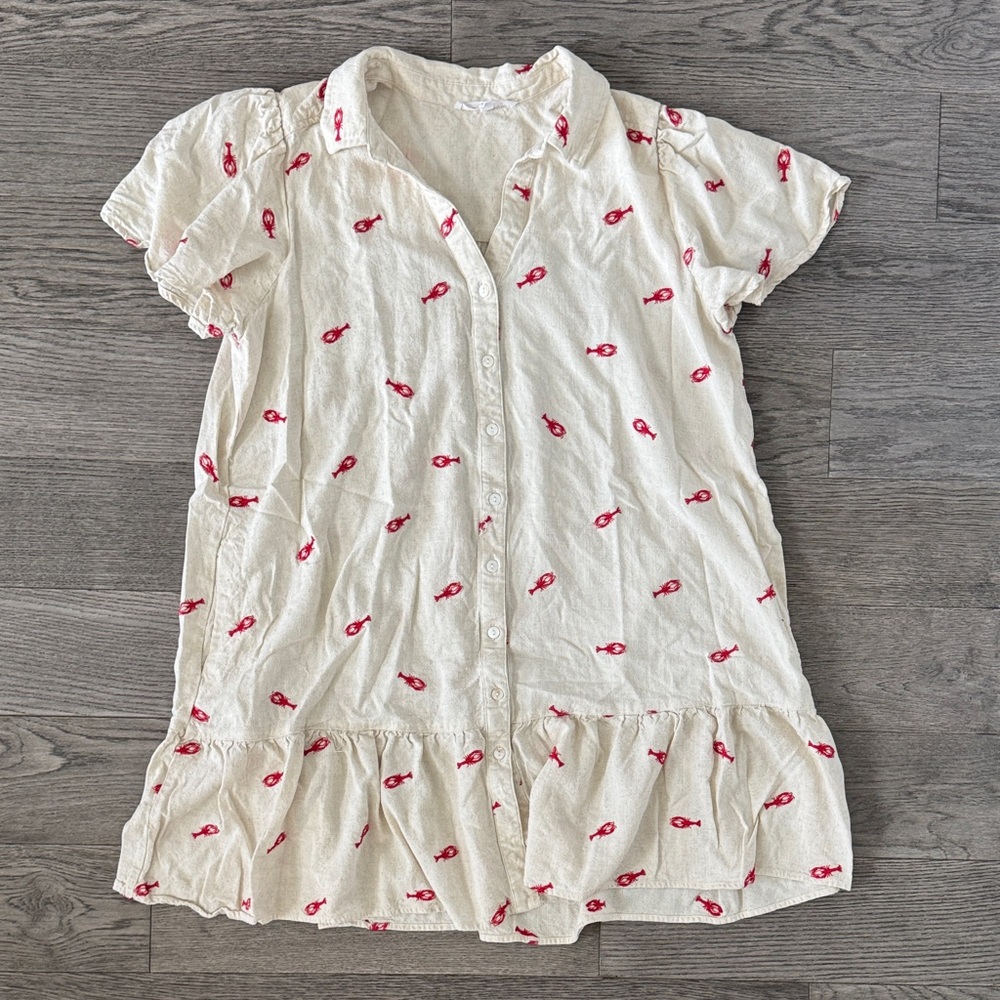 🌼JANE + DELANCEY🌼 Cream Linen Button-Up Dress with Red Lobster Pattern, Size XL